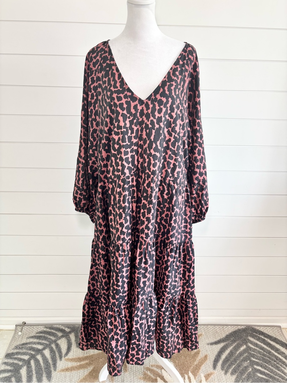 MAYE Pink & Black Leopard Print Tiered Maxi Dress V-Neck Long Sleeve 3XL